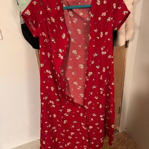 Red floral flowing button up dress